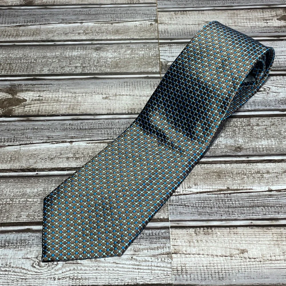 Jhane Barnes NWT Mens Silk Geometric Pattern‎ Tie Blue Brown Luxury Necktie